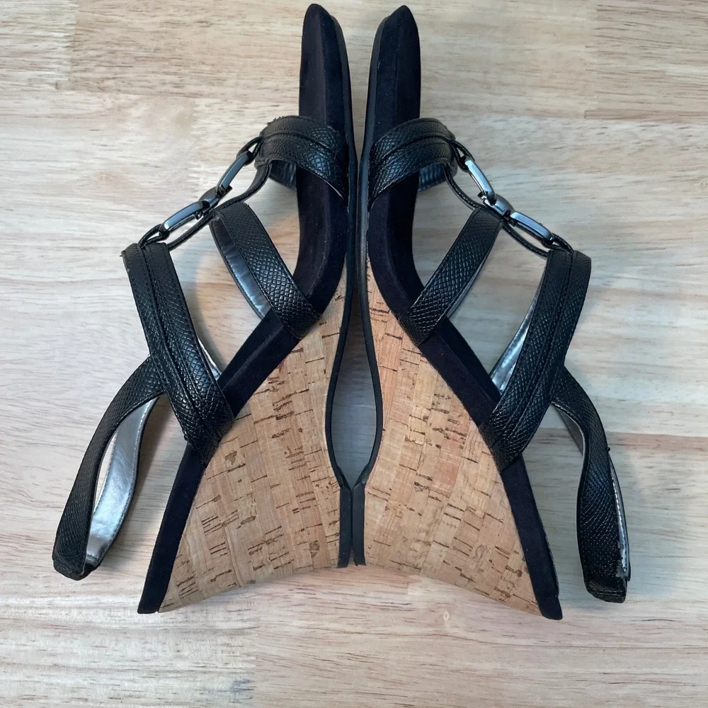 AK‎ Anne Klein Chanatj Black Textured Cork Wedge Slingback Sandals 9M